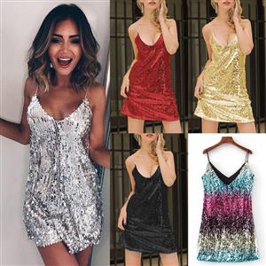 Sleeveless sexy short skirt with sequin V-neck strap short skirt