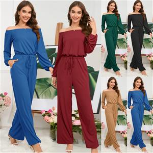 New casual one shoulder long sleeved slim waist jumpsuit with tie up wide leg pants